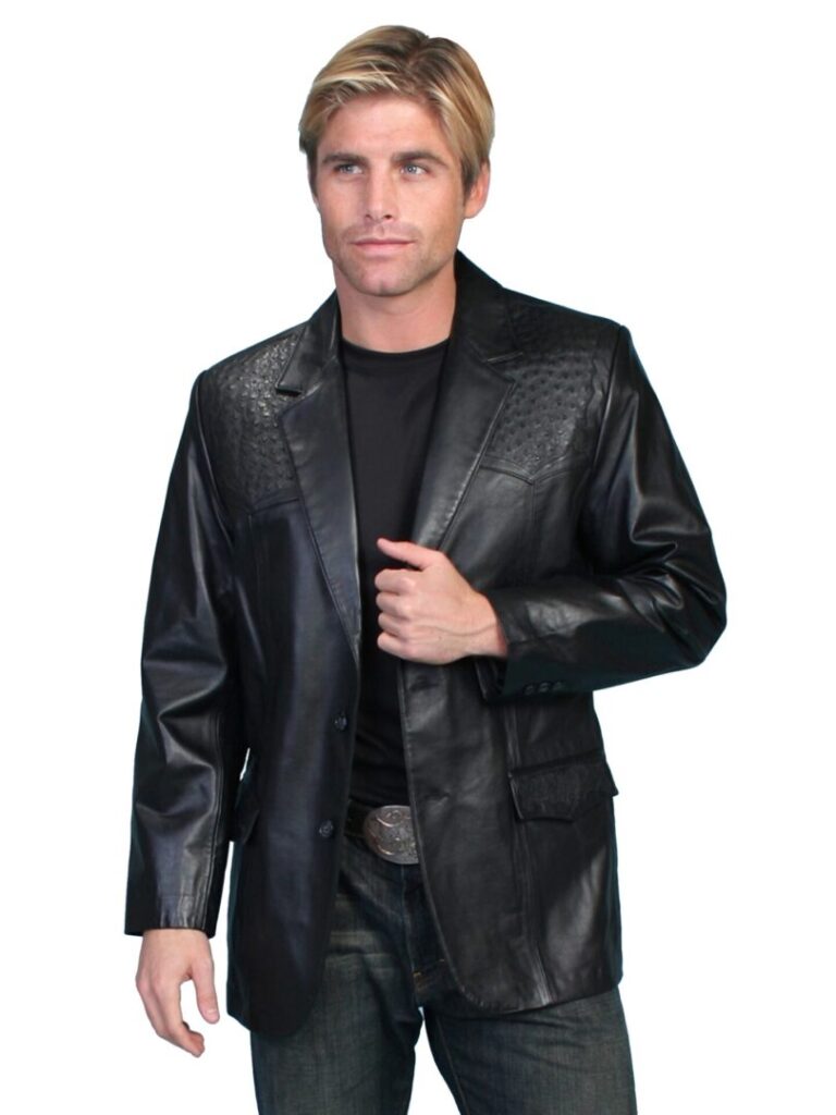 A man wearing a Scully Mens Black Lambskin Leather Ostrich Blazer and jeans.
