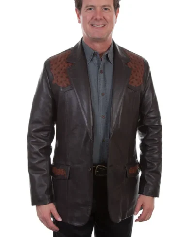 Scully Mens Brown Lambskin Leather Ostrich Western Blazer.