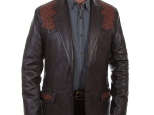 A man wearing a Scully Mens Brown Lambskin Leather Ostrich Western Blazer.