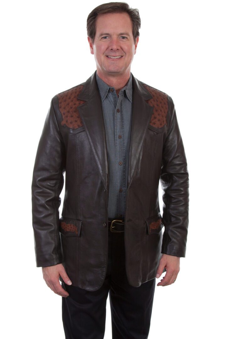 A man wearing a Scully Mens Brown Lambskin Leather Ostrich Western Blazer.