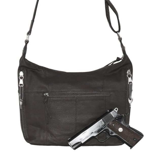 A "Elaine" Women's Black Leather Stud Concealed Handbag with a gun on it.