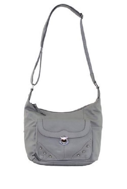 An "Elaine" Women's Gray Leather Stud Concealed Handbag with a strap.