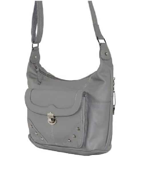 Elaine" Women's Gray Leather Stud Concealed Handbag is a grey leather shoulder bag with studs.