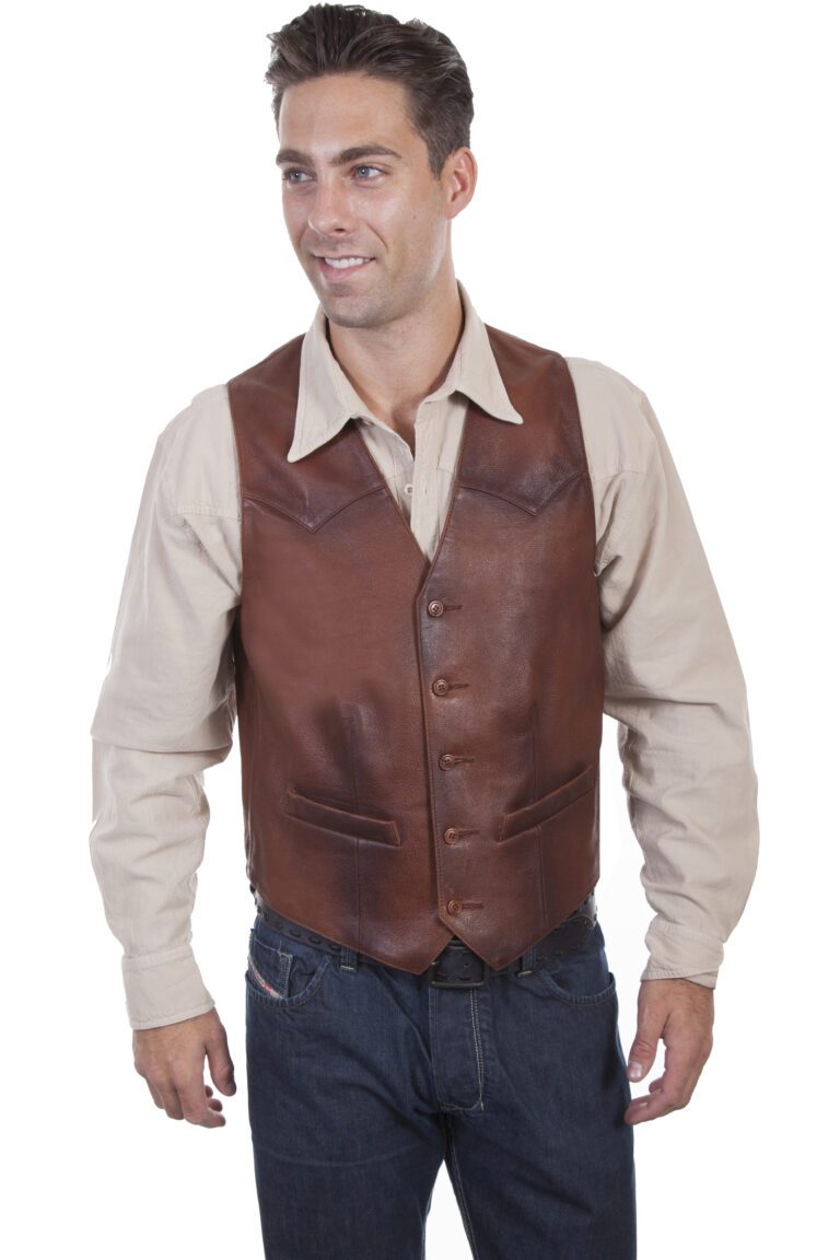 A man wearing a Mens Scully Burnt Brown Leather Classic Western Vest.