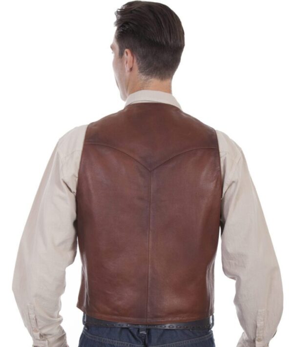 The back view of a man wearing a Mens Scully Burnt Brown Leather Classic Western Vest.