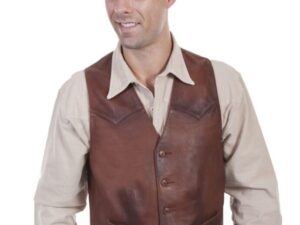 A man wearing a Mens Scully Burnt Brown Leather Classic Western Vest.
