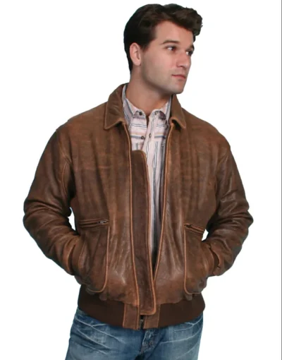 Mens Antique Lambskin leather Bomber jacket <ul style="list-style: square inside none;"> <li>100% Lambskin</li> <li>Zip front</li> <li>front pockets</li> <li>MFG; Scully</li> <li>SIZES: SM-5XL Reg, Tall</li> </ul> •