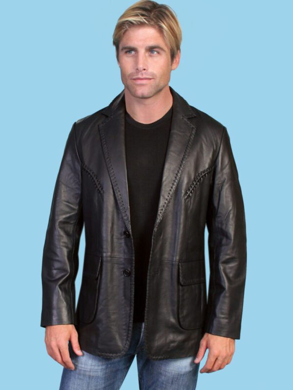 A man wearing the Mens Scully Black Lambskin Whip Stitch Cowboy Western Blazer.