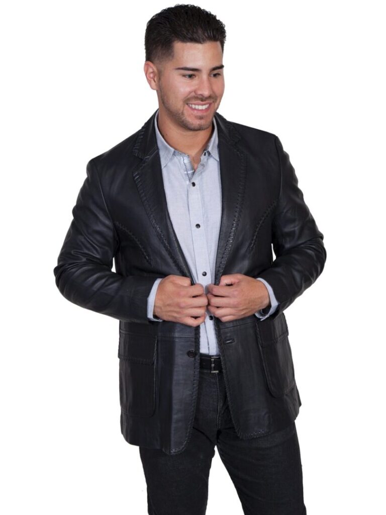 Smiling guy in a black jacket and blue shirt