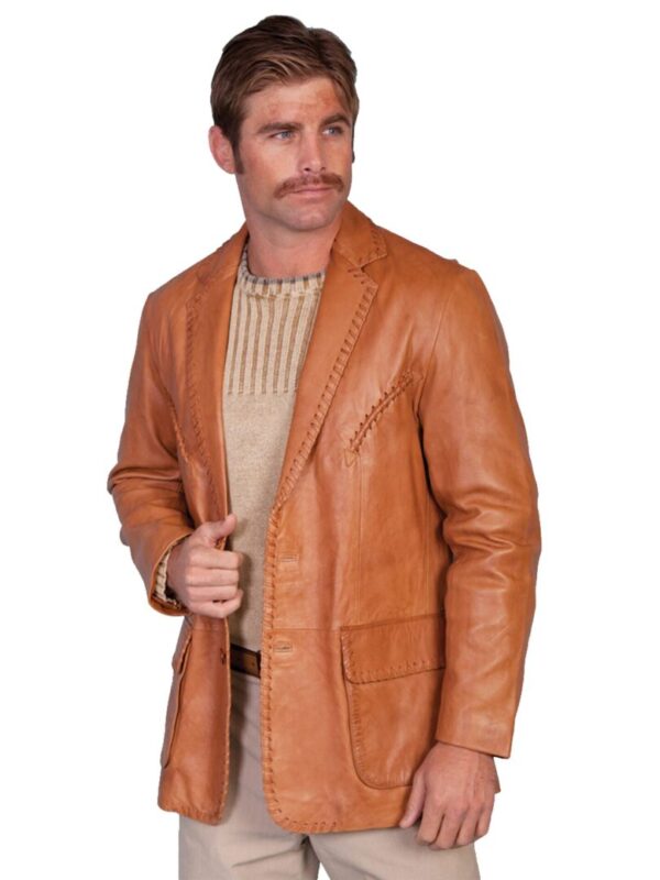 A man wearing a Mens Scully Ranch Tan Italian Lamb Leather Whip Stitch Western Blazer.