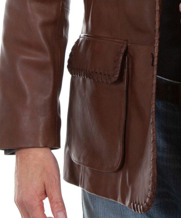 A man is wearing a Mens Scully Brown Lambskin Whip Stitch Cowboy Western Blazer.