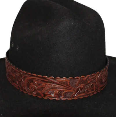 wide band brown tooled leather cowboy hat band