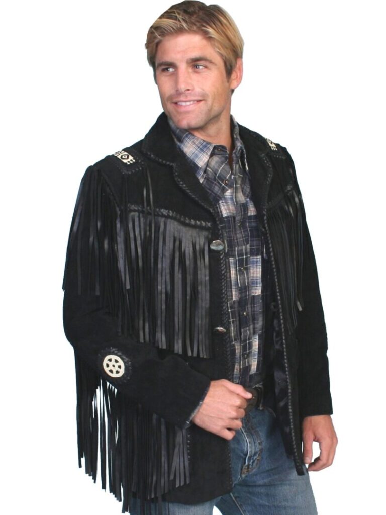 Scully Men's Black boar suede Native fringe western jacket, black, hi-res.