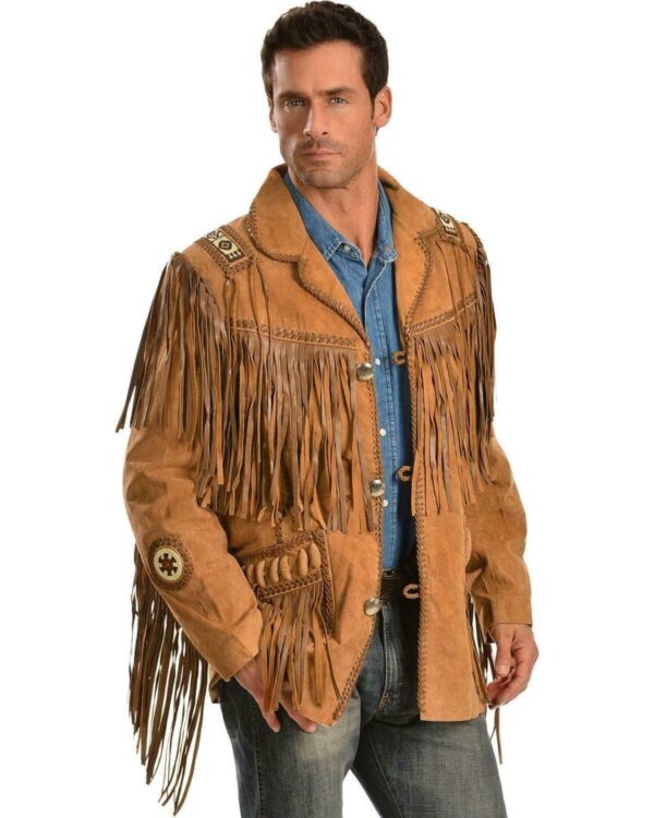 A man wearing a Scully Mens Rust bourbon boar suede Native fringe western jacket.