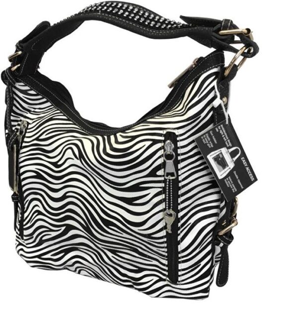 A black and white Lisa Women's Vegan Leather Zebra Concealed Handbag.