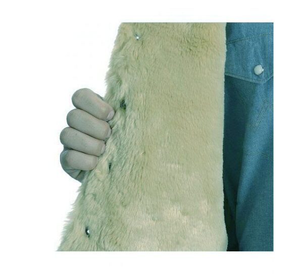 A man is holding up a Scully Mens Tan Suede Fur Collar Western Jacket.