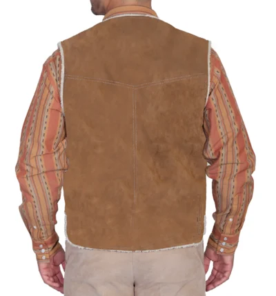 Brown suede sherpa fur lined western snap vest