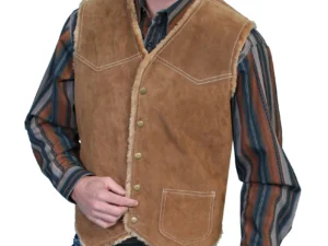 Brown suede sherpa fur lined western snap vest