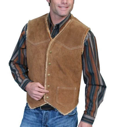 Brown suede sherpa fur lined western snap vest