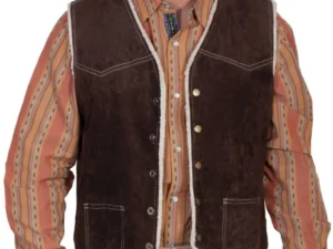 Brown suede sherpa fur lined western snap vest