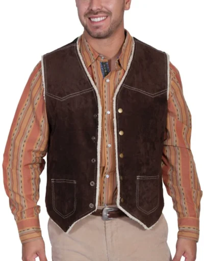 Brown suede sherpa fur lined western snap vest