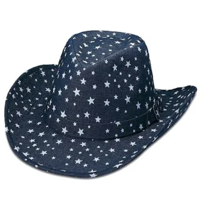 <div class="product-features "> Patriotic Stars Denim Cowboy Hat Great for the 4th of July or any patriotic even. <ul> <li>Blue Jean Denim</li> <li>Star Print</li> <li>Moisture Absorbing Sweatband</li> </ul> </div> •