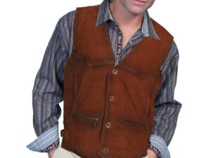 A man in a Mens Buffled Lamp Leather Scully Western Vest posing for a photo.