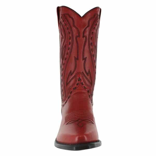 A women's red cowboy boot.