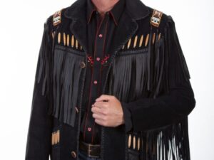 A man wearing a Scully Mens Black Boar Suede Native Bone Fringe Jacket.
