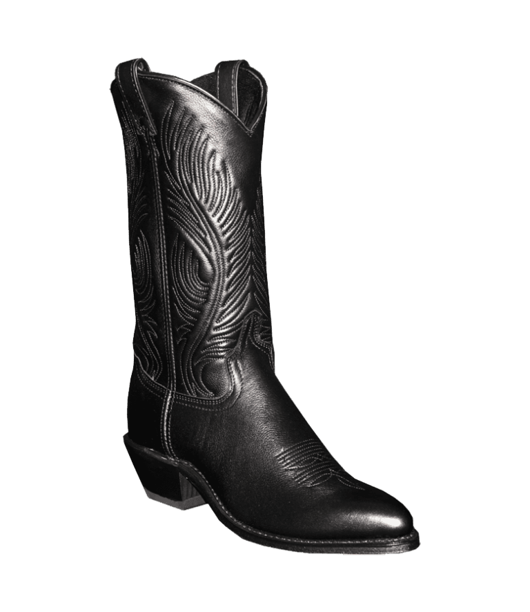 Black leather women's cowgirl boots USA made on a white background.