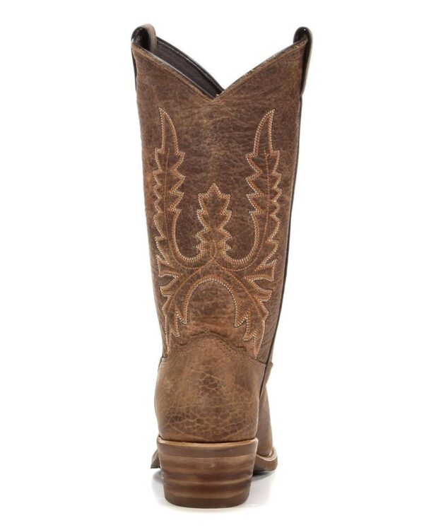 A pair of Womens Brown Bison Square Toe Cowboy Boots USA made with an embroidered design.