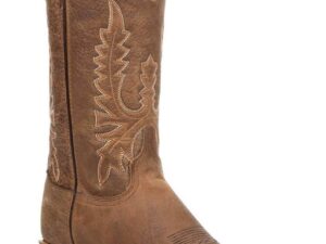 A pair of Womens Brown Bison Square Toe Cowboy Boots USA made with a tan leather upper.