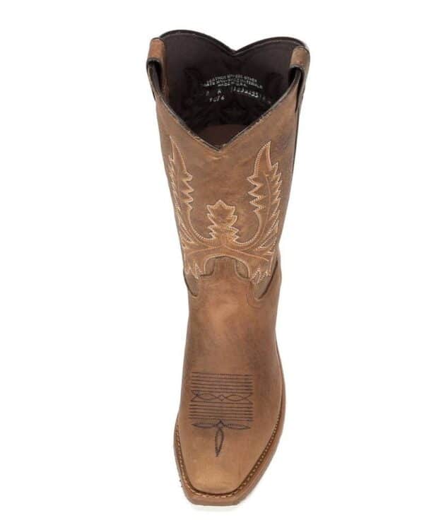 A pair of Womens Brown Bison Square Toe Cowboy Boots USA made on a white background.