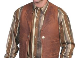 A man wearing a "Jim West" Mens Scully brown leather Lapel western vest.