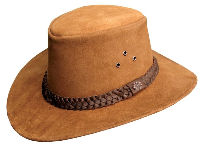 A "GEELONG" Kakadu Rust Suede Dundee hat with a braided brim.