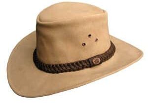 A "GEELONG" Kakadu Tan Suede Dundee hat on a white background.