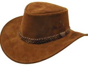 A "GEELONG" Kakadu Brown Suede Dundee hat on a white background.