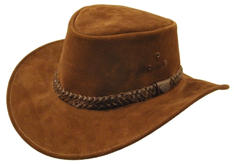 A "GEELONG" Kakadu Brown Suede Dundee hat on a white background.