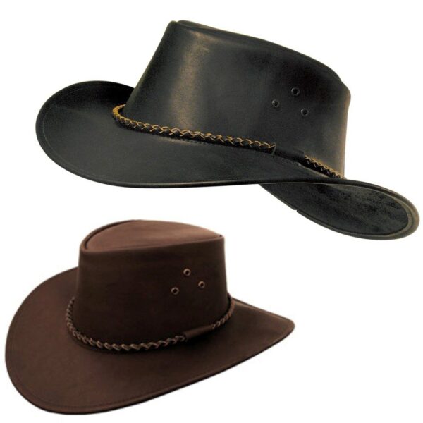 A pair of "Packer" black or brown leather cowboy hats on a white background.