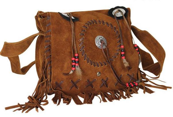 Native style brown suede fringe purse