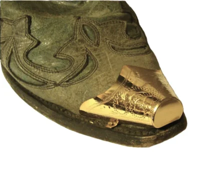 Gold Etched Cowboy Boot Tips <li>Polished Brass</li> <li>Etched designs</li> <li>sold in pairs</li> <li>large toe</li> •
