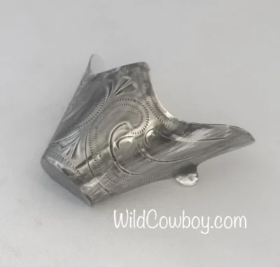 Laser Etched Antique Silver Cowboy Boot Tips <ul> <li>1-1/2" coverage</li> <li>Sterling Silver plated</li> <li>snip toe</li> </ul> •