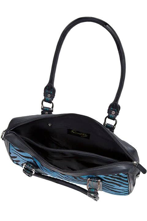 A black and blue Women's Scully Turquoise Hair on Hide Black Zebra print handbag.