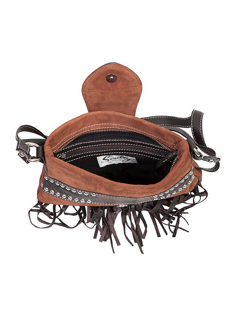 A Brown Leather, Suede Studded Scully Womens Fringe Handbag, Purse with fringes and tassels.