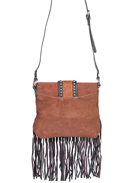 A Brown Leather, Suede Studded Scully Womens Fringe Handbag, Purse with fringes and studs.