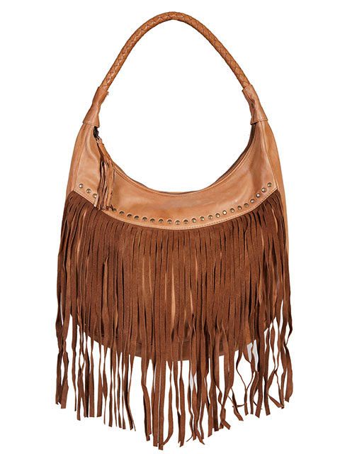 A "Tina" Scully Ranch Tan leather fringe western purse with fringes on it.