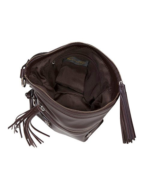 A Women's Scully Brown Leather Cross Body Purse with tassels and a zipper.