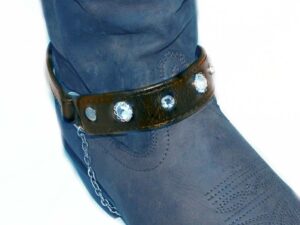A PAIR- Brown Leather clear rhinestone cowboy boot chain - USA with a chain and crystals.