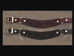 Two Cherry Brown or Black Carved Leather Cowboy boot chains with metal buckles on them.