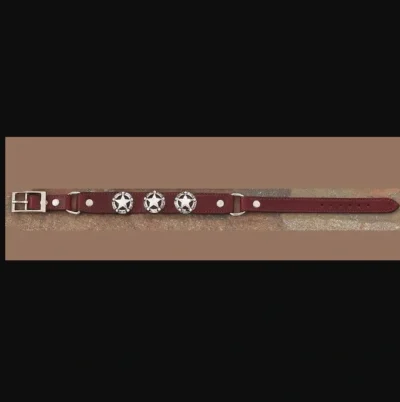 A burgundy leather dog collar with Cherry Brown or Black Sheriff badge Western Star Boot Chains.